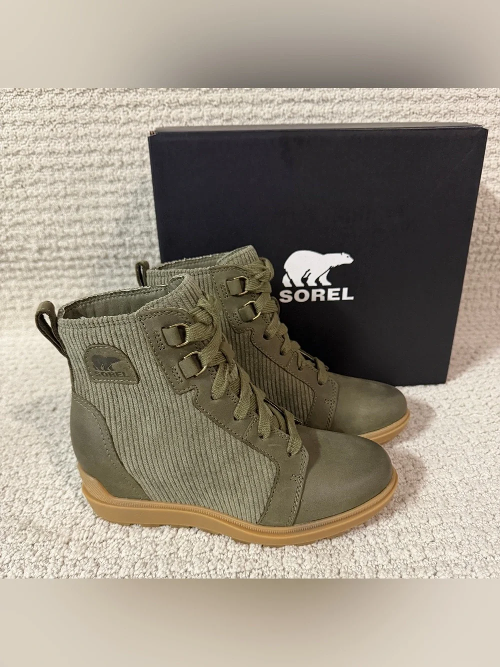 Sorel Women Size 5.5 Evie II NW Lace Stone Green Waterproof Wedge Booties Boots